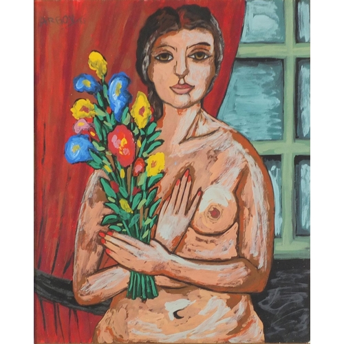258 - Nude female holding flowers, Continental school gouache, framed and glazed, 47cm x 37cm
