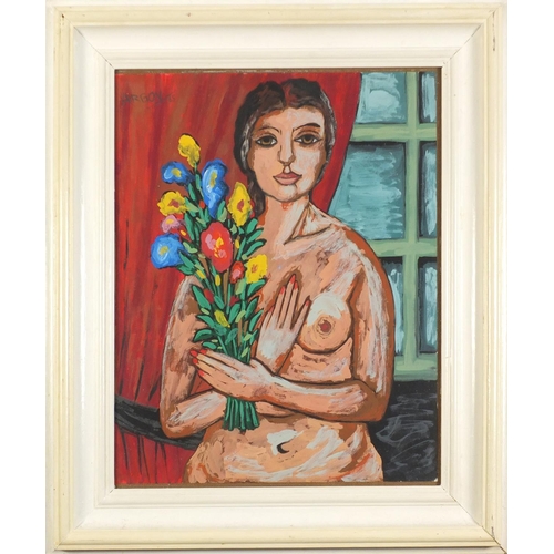 258 - Nude female holding flowers, Continental school gouache, framed and glazed, 47cm x 37cm