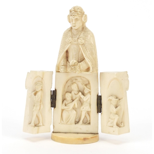 422 - 19th century French Dieppe carved ivory tryptych figure, 8.5cm high