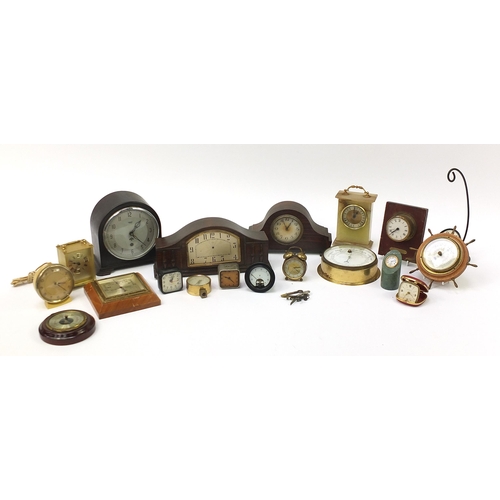 1881 - Collection of antique and later clocks and barometers including Smiths Enfield, onyx and brass cased... 