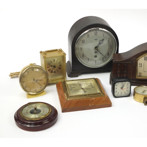 1881 - Collection of antique and later clocks and barometers including Smiths Enfield, onyx and brass cased... 