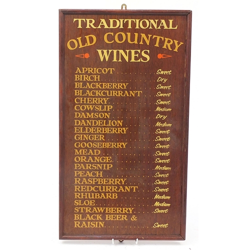 235 - Traditional Old Country Wines wooden advertising list, 69cm x 39cm