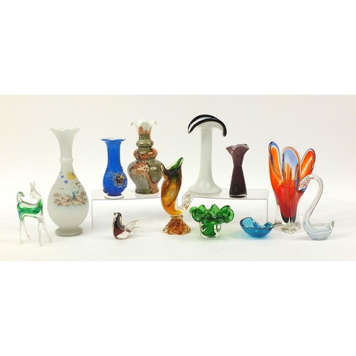 1901 - Colourful art glassware including Polish vase, Murano animals, Whitefriars bowl and a hand painted v... 