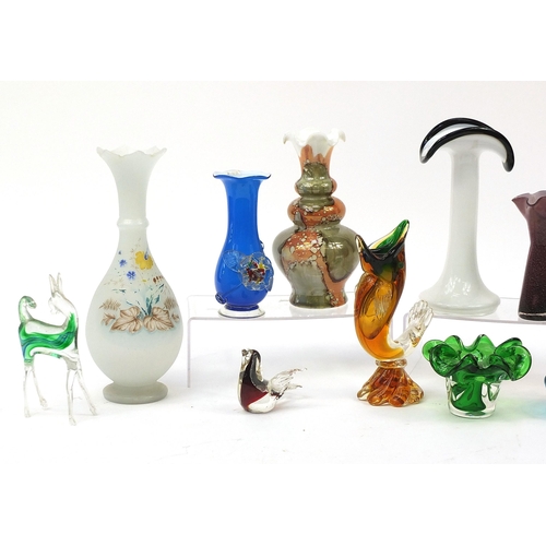 1901 - Colourful art glassware including Polish vase, Murano animals, Whitefriars bowl and a hand painted v... 