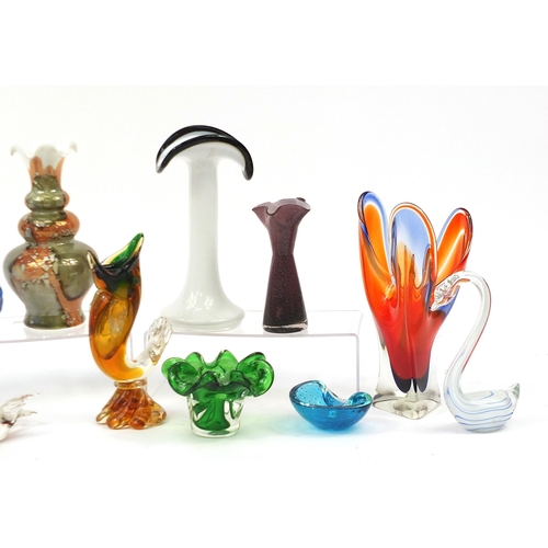 1901 - Colourful art glassware including Polish vase, Murano animals, Whitefriars bowl and a hand painted v... 