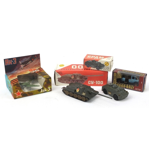 1924 - Russian military diecast vehicles with boxes including CY-100 tank and JAK-3 aeroplane