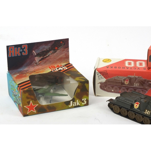 1924 - Russian military diecast vehicles with boxes including CY-100 tank and JAK-3 aeroplane