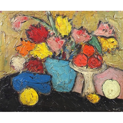 654 - Still life flowers and fruit, Scottish Colourist school oil on canvas, mounted and framed, 70cm x 57... 