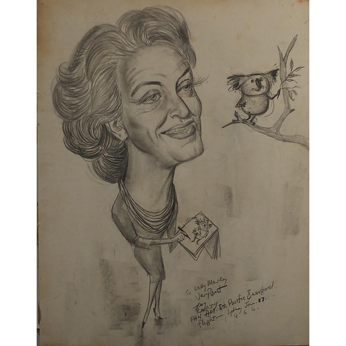 431 - Pan American Airways interest caricature, pencil drawing, inscribed, unframed, 50.5cm x 39.5cm