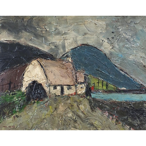 254 - After Paul Henry - Cottage before mountains and water, Irish school oil on board, mounted and framed... 