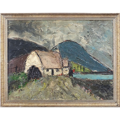 254 - After Paul Henry - Cottage before mountains and water, Irish school oil on board, mounted and framed... 