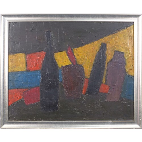 205 - Abstract composition, still life vessels, oil on board, mounted and framed, 78cm x 62cm excluding th... 