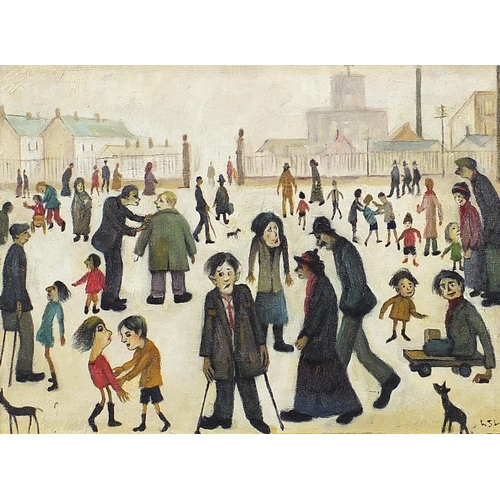 183 - Figures walking about, Manchester school oil on board, mounted and framed, 39.5cm x 29cm excluding t... 
