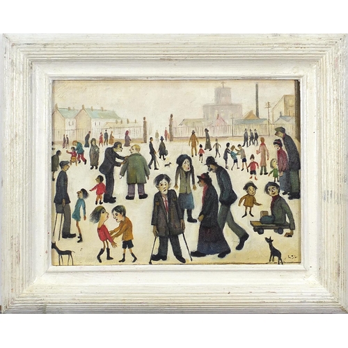 183 - Figures walking about, Manchester school oil on board, mounted and framed, 39.5cm x 29cm excluding t... 