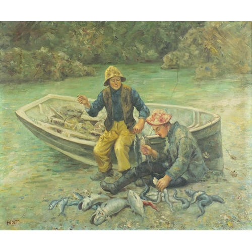 120 - Manner of Henry Scott Tuke - Two young fishermen, St Ives school oil on board, framed, 59.5cm x 49.5... 