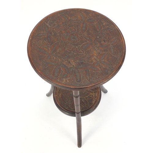 698 - Carved mahogany tripod occasional table with under tier and simulated bamboo legs, 55cm high x 35cm ... 