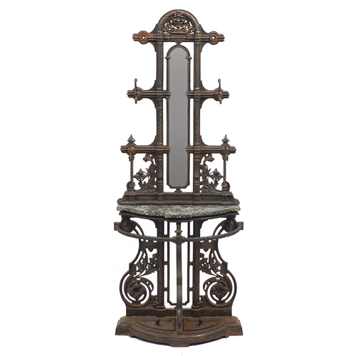 762 - Victorian Coalbrookdale cast iron hall stand with marble top and mirrored back, 190cm H x 80cm W x 3... 