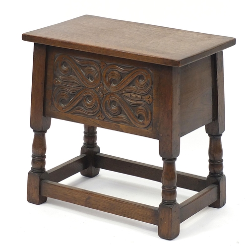 697 - Carved oak work table with hinged lid, 50cm H x 51cm W x 31cm D