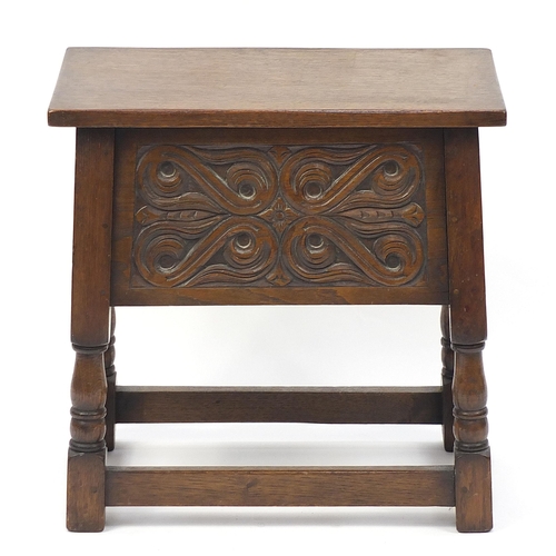 697 - Carved oak work table with hinged lid, 50cm H x 51cm W x 31cm D