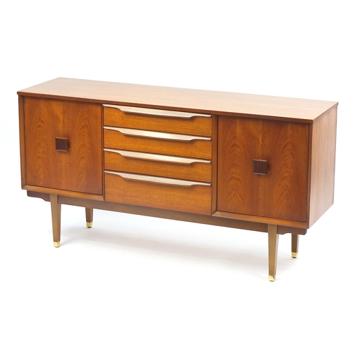 691 - Mid century teak sideboard with a pair of cupboard doors and four central drawers, 74cm H x 140cm W ... 