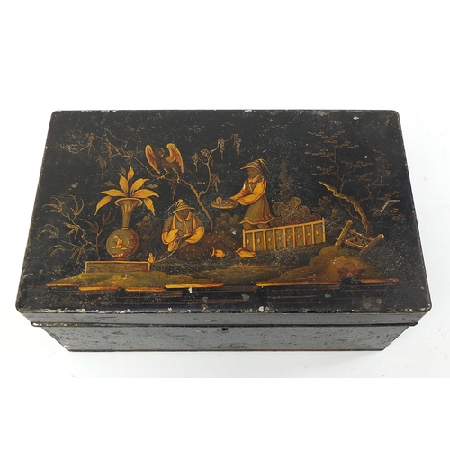 408 - Regency tin container decorated in the chinoiserie manner with a figure smoking and servant, 12.5cm ... 