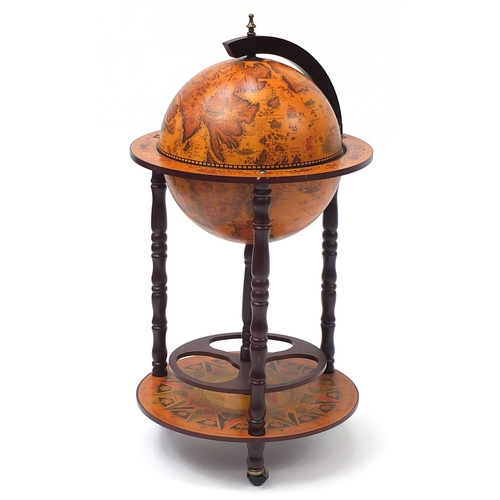 684 - Novelty globe design drinks trolley, the top opening with fitted interior, 90cm high