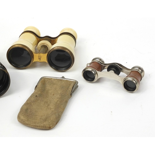 643 - Three pairs of opera glasses and a pair of binoculars including an ivory pair