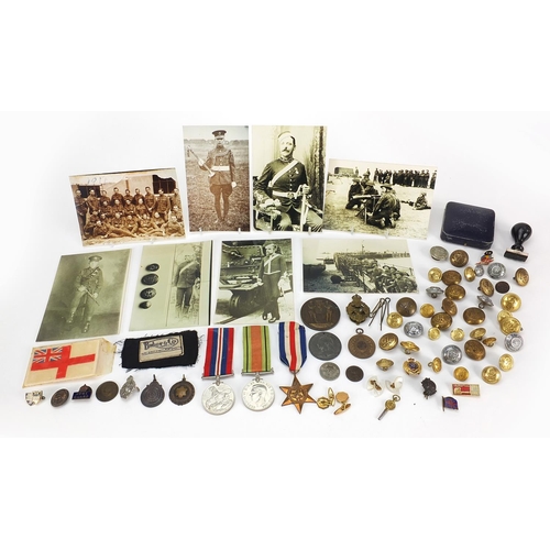 1872 - British Militaria including World War II medal, buttons and medallions