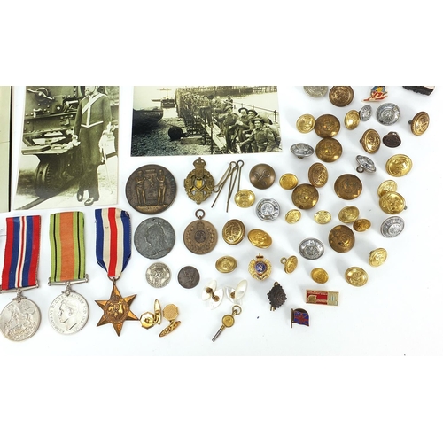 1872 - British Militaria including World War II medal, buttons and medallions