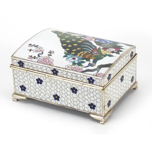 225 - Ando, Japanese dome top cloisonne musical box enamelled with a peacock amongst prunus blossom, 6cm H... 