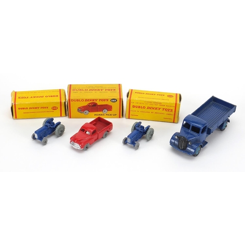 1934 - Dinky diecast vehicles comprising Morris Pick-up 065 with box, two Massey-Harris-Fergusson tractors ... 