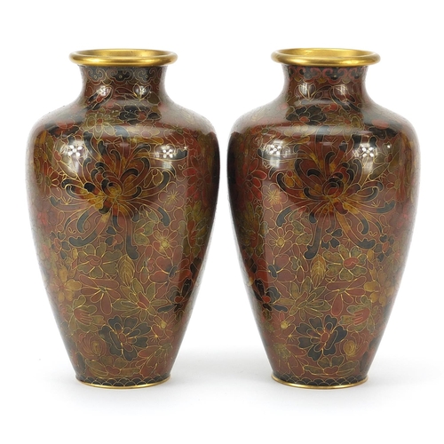 441 - Pair of Chinese cloisonne vases enamelled with flowers, 21cm high