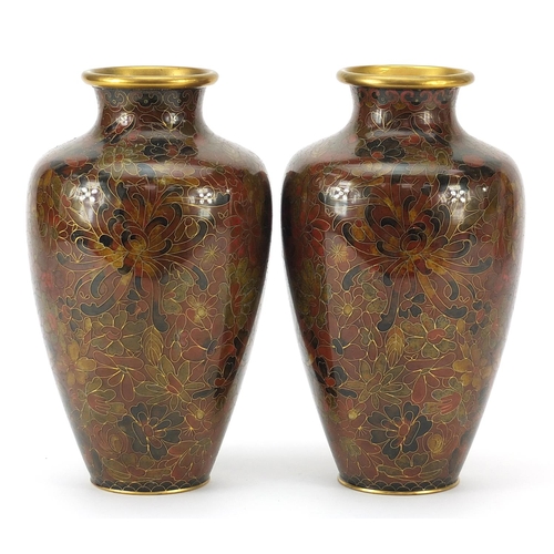 441 - Pair of Chinese cloisonne vases enamelled with flowers, 21cm high