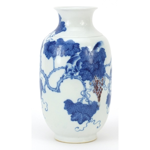 105 - Chinese blue and white with iron red porcelain vase hand painted with squirrels and berries, four fi... 