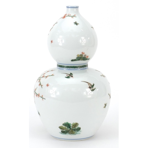 228 - Chinese porcelain double gourd vase hand painted in the famille verte palette with birds amongst flo... 