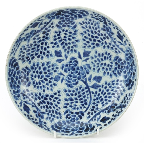 435 - Chinese blue and white porcelain dish hand painted with flowers, 27cm in diameter