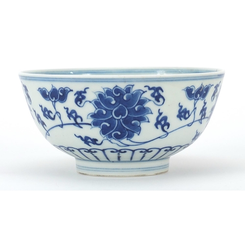 101 - Chinese blue and white porcelain bowl hand painted with flower heads amongst scrolling foliage, six ... 