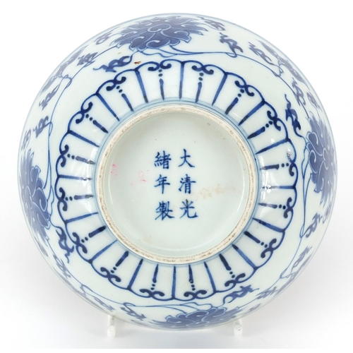 101 - Chinese blue and white porcelain bowl hand painted with flower heads amongst scrolling foliage, six ... 