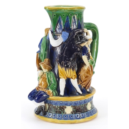 209 - Minton, Victorian Majolica jug decorated in relief with figures, numbered 487 to the base, 24cm high