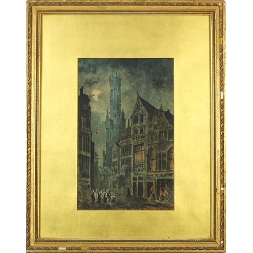 430 - Street scene with figures before a cathedral, continental watercolour, mounted, framed and glazed, 2... 