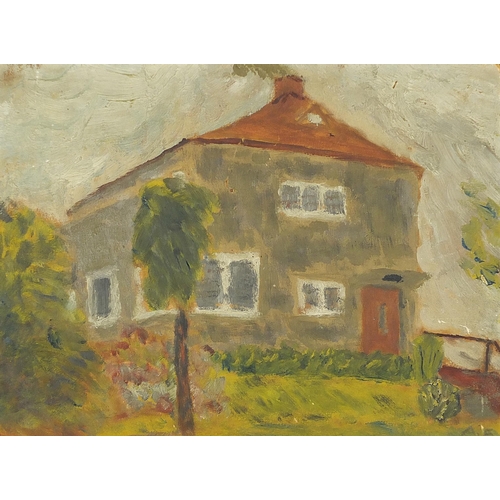 672 - Garden before a house, oil on board, monogrammed A F, Gustav Gerstenberger label verso, framed, 21.5... 