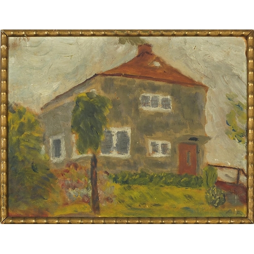 672 - Garden before a house, oil on board, monogrammed A F, Gustav Gerstenberger label verso, framed, 21.5... 