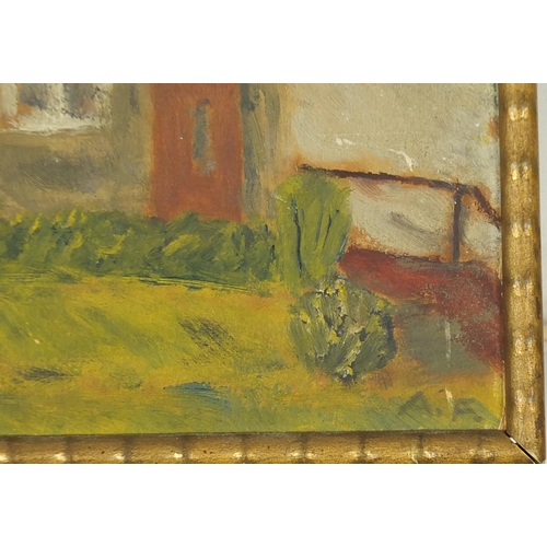 672 - Garden before a house, oil on board, monogrammed A F, Gustav Gerstenberger label verso, framed, 21.5... 