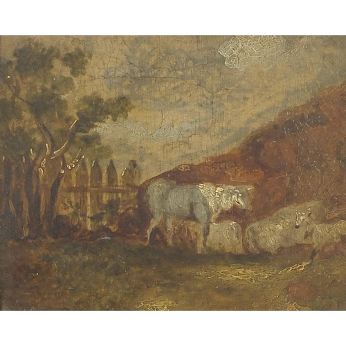 432 - Manner of Thomas Gainsborough - Sheep beside a fence in a landscape, Old Master school oil sketch on... 