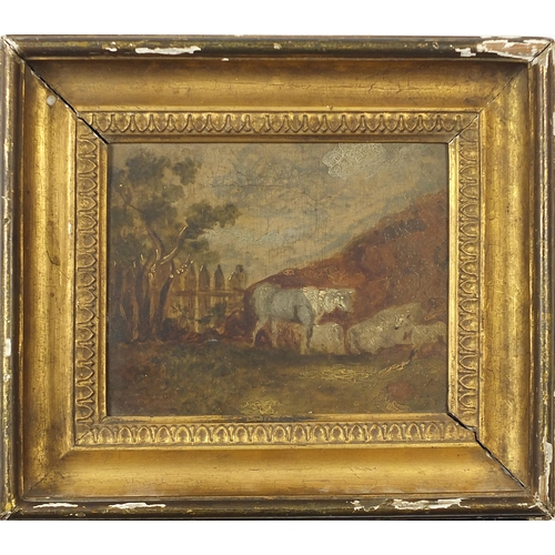 432 - Manner of Thomas Gainsborough - Sheep beside a fence in a landscape, Old Master school oil sketch on... 