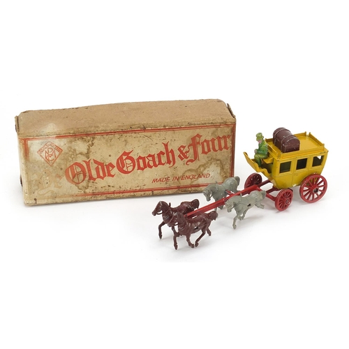 1938 - Vintage hand painted lead old coach and four horses with box, 17.5cm in length