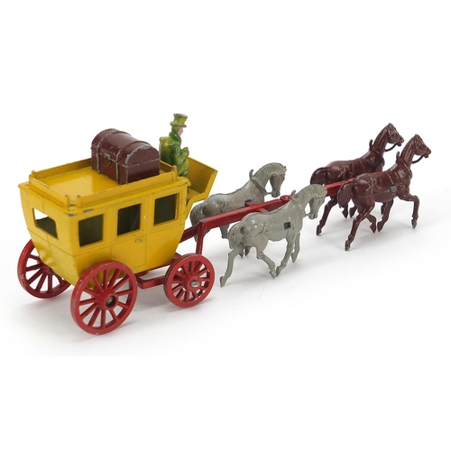 1938 - Vintage hand painted lead old coach and four horses with box, 17.5cm in length