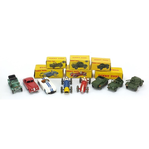 1933 - Vintage Dinky diecast vehicles, six with boxes including Jaguar 157, armoured car 670, Maserati 23N ... 