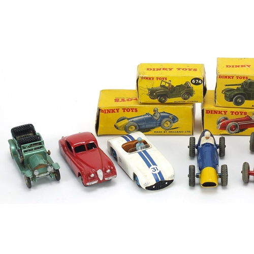 1933 - Vintage Dinky diecast vehicles, six with boxes including Jaguar 157, armoured car 670, Maserati 23N ... 