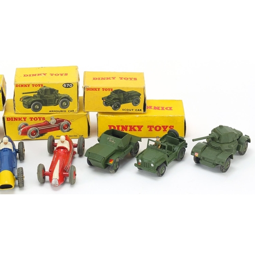 1933 - Vintage Dinky diecast vehicles, six with boxes including Jaguar 157, armoured car 670, Maserati 23N ... 